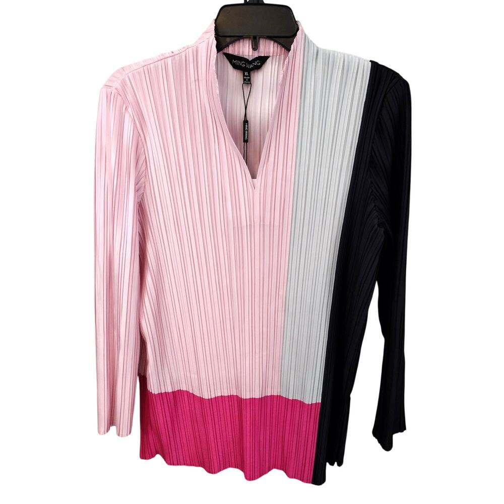 Ming Wang NEW Pleated Colorblocked Blouse in Perfect Pink Women's XL RTL $260